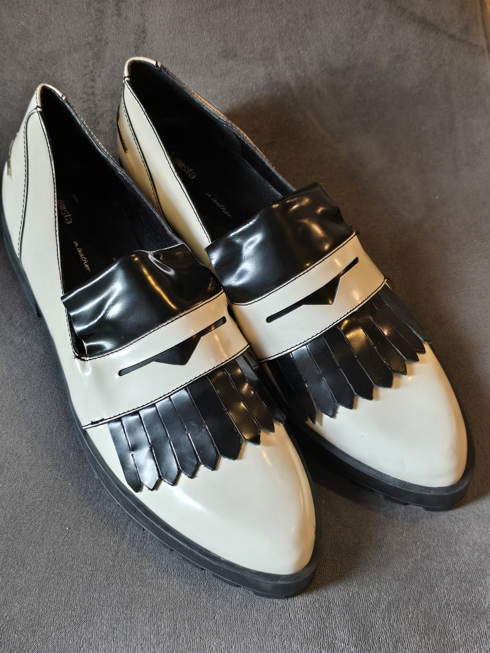 Miista Black & White Leather Fringe Penny Loafers Lug Sole Size 41 Made in Spain